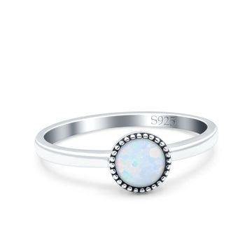 Petite Dainty Lab Opal Ring Solid Round Oxidized Lab Created White Opal 925 Sterling Silver